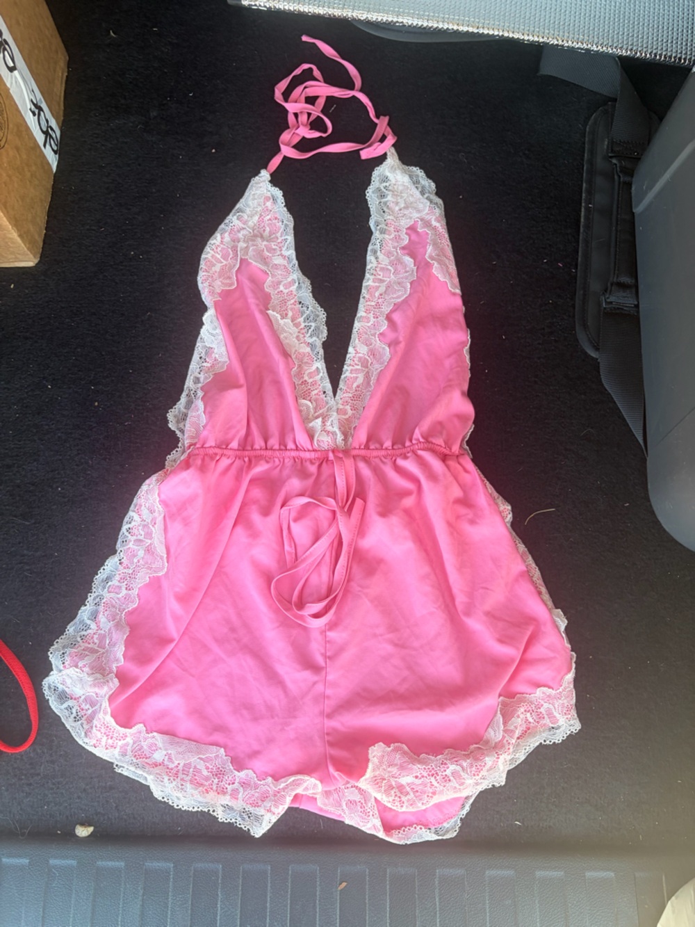 Intimate Pink Lace Trim Satin Romper: no size tag : fits size medium